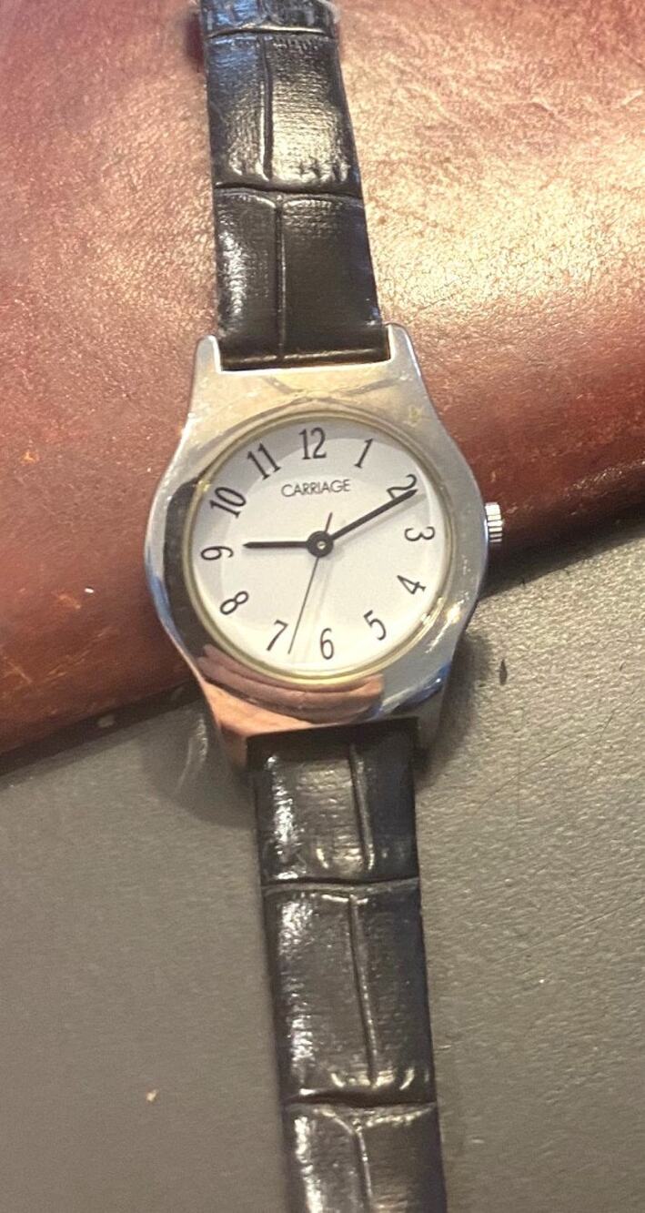 Women's Silver Tone Carriage Watch, Black Band New Battery